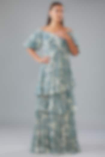 Teal Chiffon Printed Ruched Off-Shoulder Maxi Dress by Sana Barreja