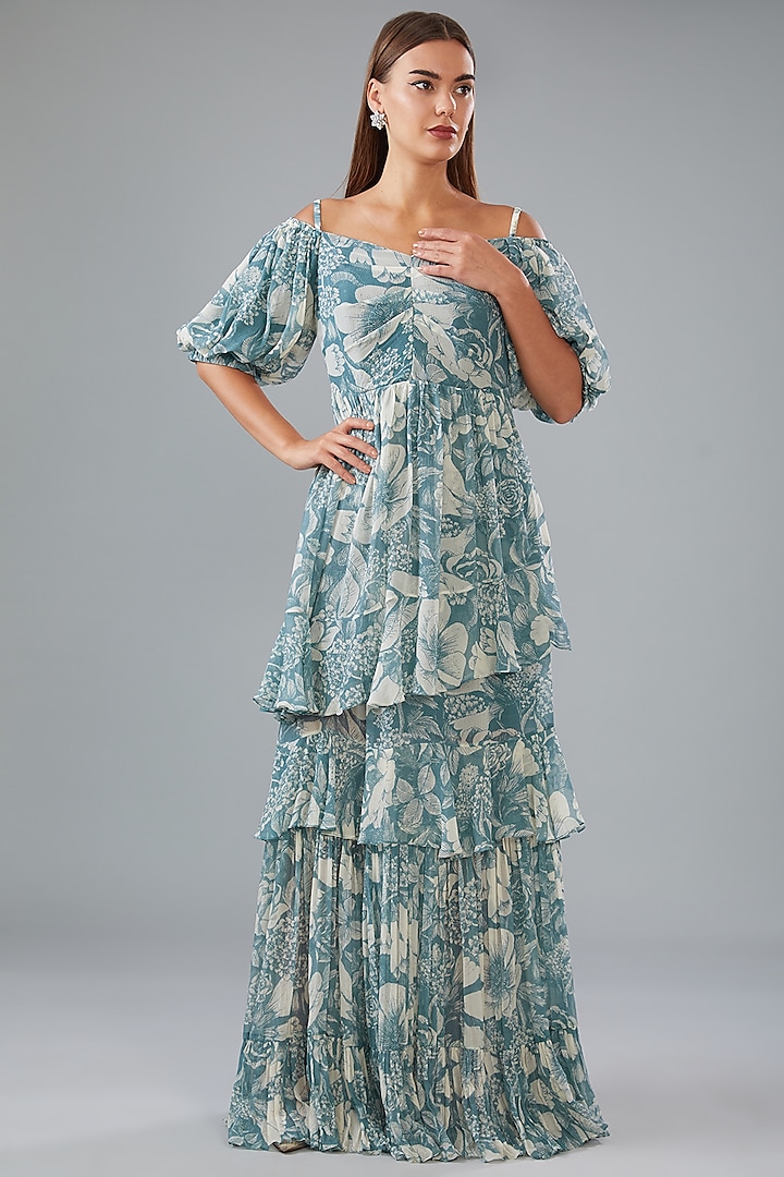 Teal Chiffon Printed Ruched Off-Shoulder Maxi Dress by Sana Barreja