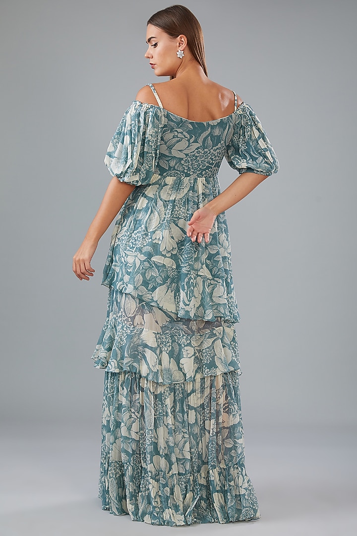 Teal Chiffon Printed Ruched Off-Shoulder Maxi Vacation Dress by Sana Barreja at Pernia's Pop Up Shop