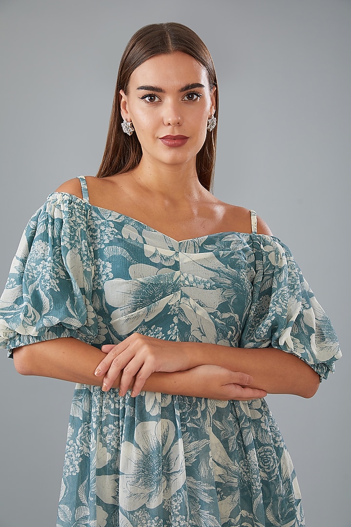 Teal Chiffon Printed Ruched Off-Shoulder Maxi Vacation Dress by Sana Barreja at Pernia's Pop Up Shop