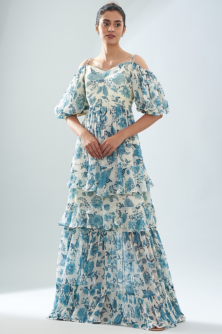 Ivory & Blue Chiffon Off-Shoulder Dress by Sana Barreja