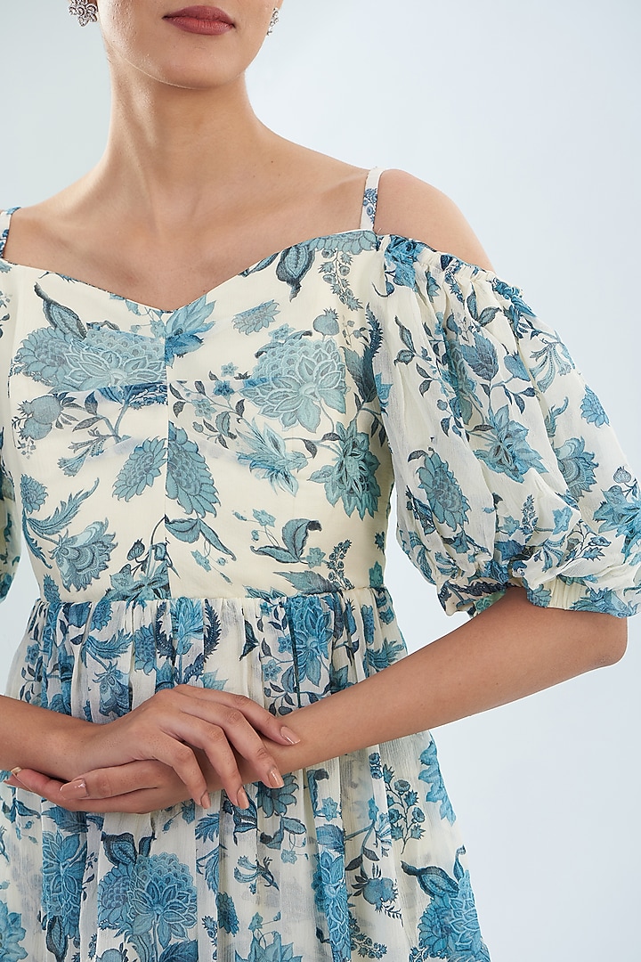 Ivory & Blue Chiffon Off-Shoulder Vacation Dress by Sana Barreja at Pernia's Pop Up Shop
