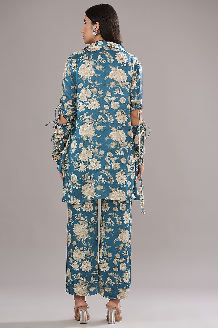 Teal Modal Silk Floral Printed Kurta Set by Sana Barreja at Pernia's Pop Up Shop