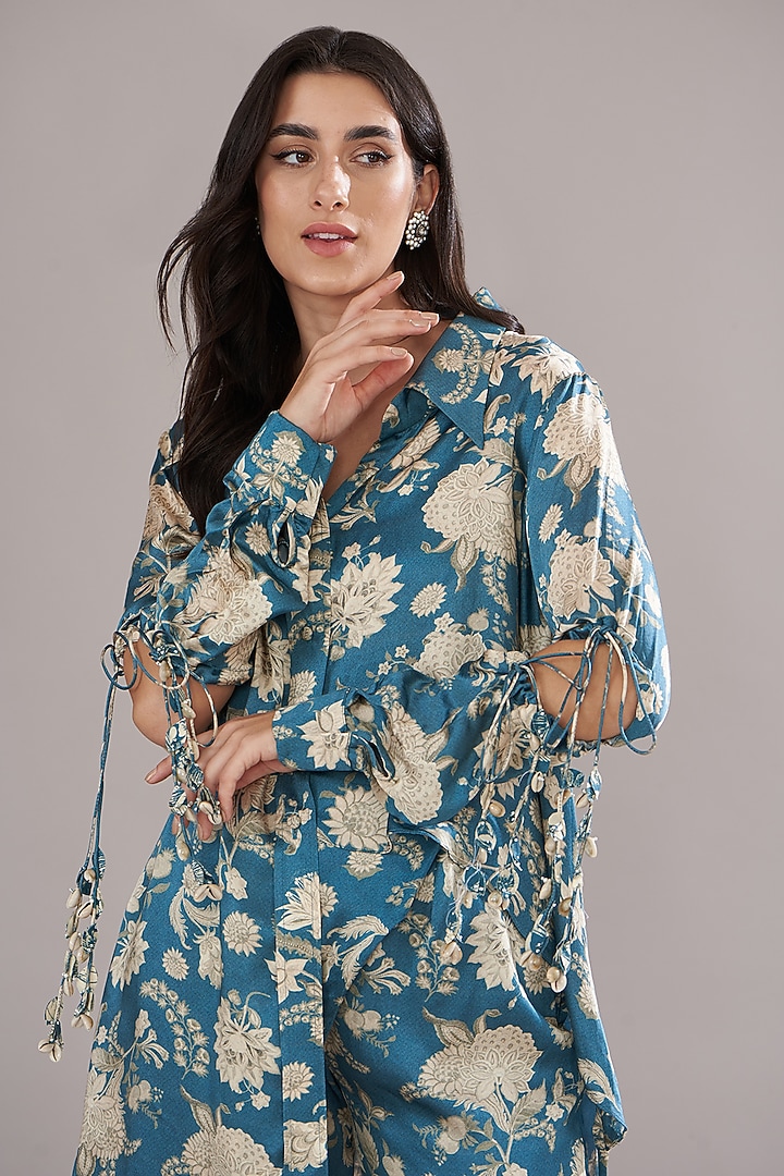 Teal Modal Silk Floral Printed Kurta Set by Sana Barreja at Pernia's Pop Up Shop