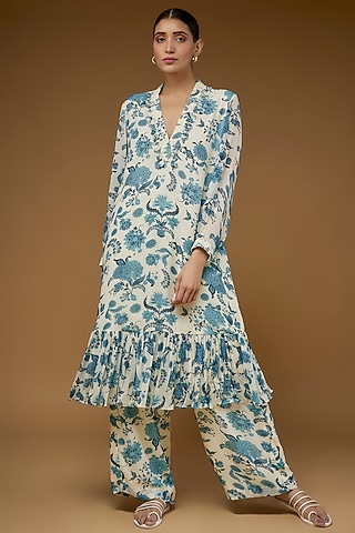 Ivory & Blue Georgette Floral Printed Kurta Set by Sana Barreja