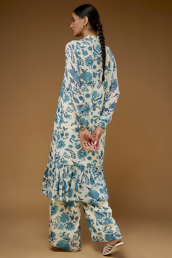 Ivory & Blue Georgette Floral Printed Kurta Set by Sana Barreja at Pernia's Pop Up Shop