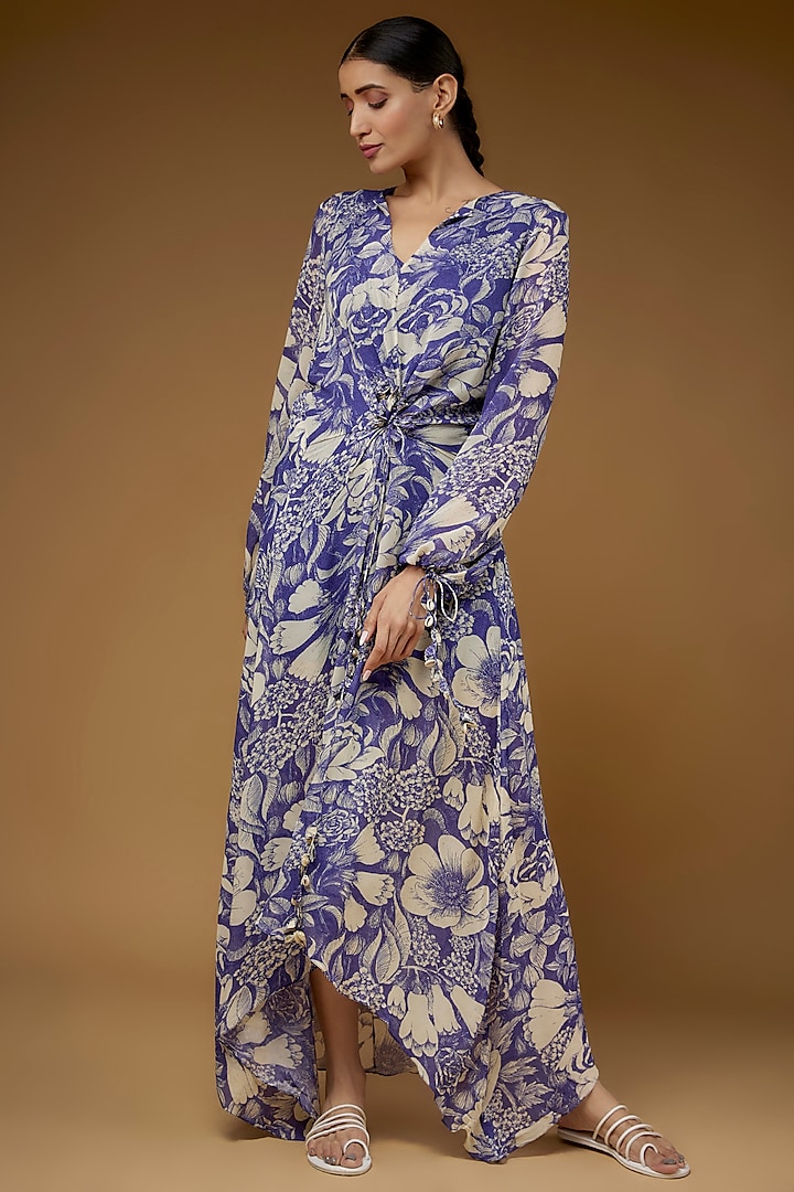 Indigo Georgette Printed Kaftan Dress by Sana Barreja