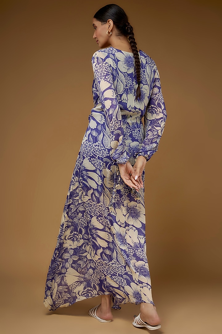 Indigo Georgette Printed Kaftan Summer Dress by Sana Barreja at Pernia's Pop Up Shop