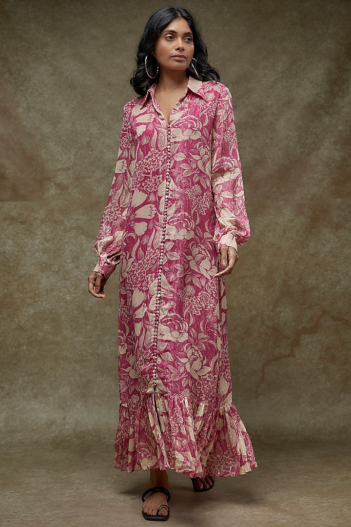 Fuchsia Georgette Lurex Printed Maxi Dress by Sana Barreja at Pernia's Pop Up Shop