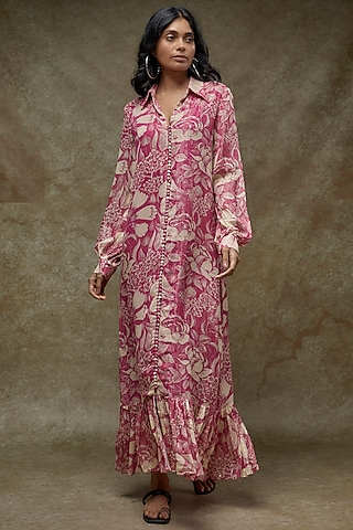 Fuchsia Georgette Lurex Printed Maxi Dress by Sana Barreja