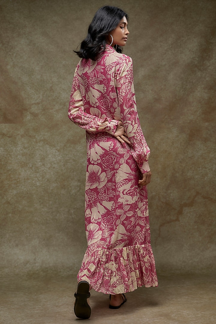 Fuchsia Georgette Lurex Printed Maxi Vacation Dress by Sana Barreja at Pernia's Pop Up Shop