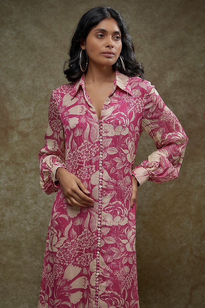Fuchsia Georgette Lurex Printed Maxi Vacation Dress by Sana Barreja at Pernia's Pop Up Shop