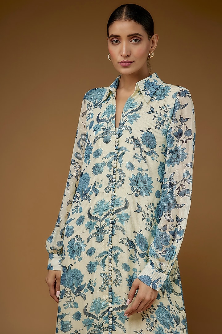 Ivory & Blue Georgette Lurex Maxi Vacation Dress by Sana Barreja at Pernia's Pop Up Shop