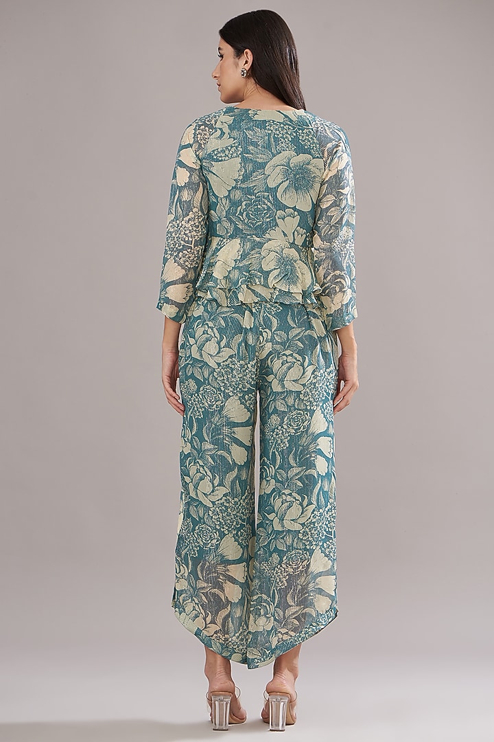 Teal Blue Georgette Lurex Printed Co-Ord Set by Sana Barreja at Pernia's Pop Up Shop