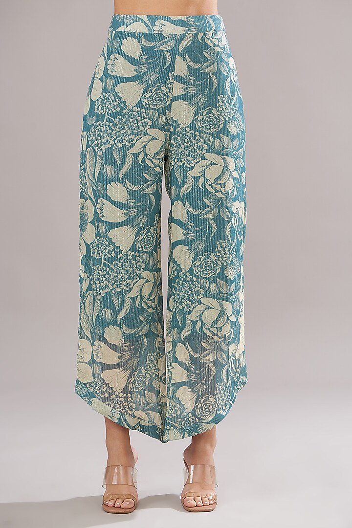 Teal Blue Georgette Lurex Printed Co-Ord Set by Sana Barreja at Pernia's Pop Up Shop