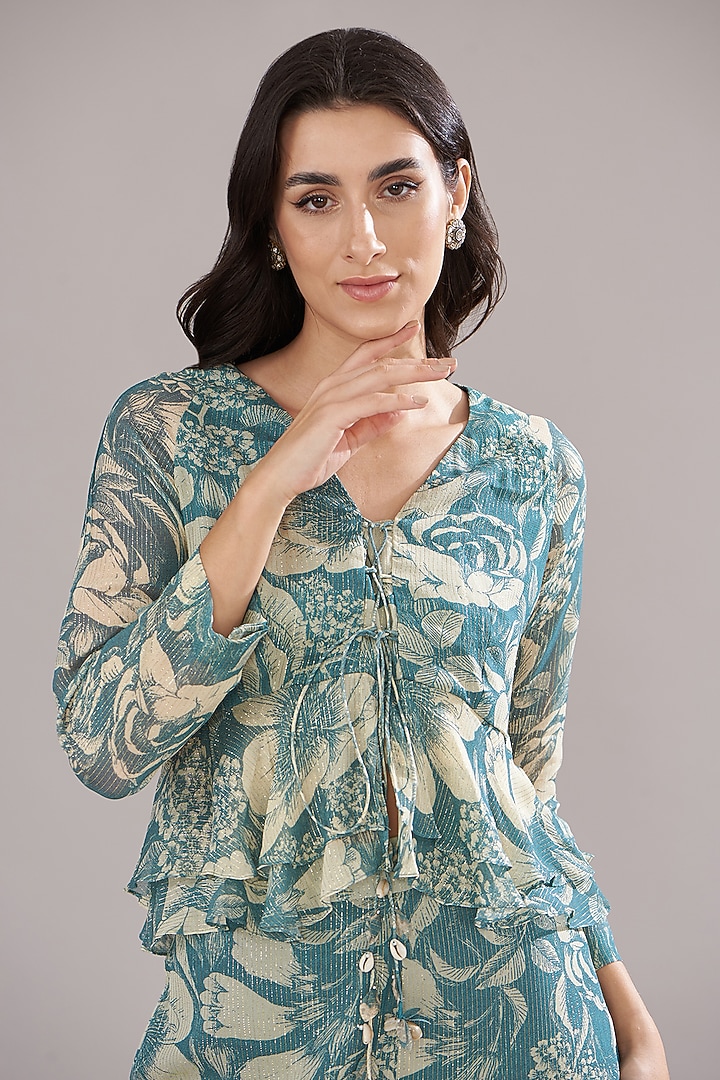 Teal Blue Georgette Lurex Printed Co-Ord Set by Sana Barreja at Pernia's Pop Up Shop