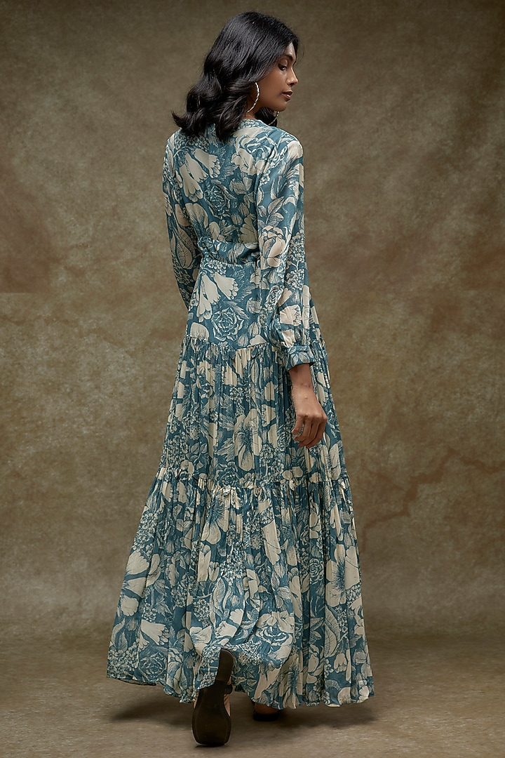 Teal Blue Georgette Printed Co-Ord Set by Sana Barreja at Pernia's Pop Up Shop