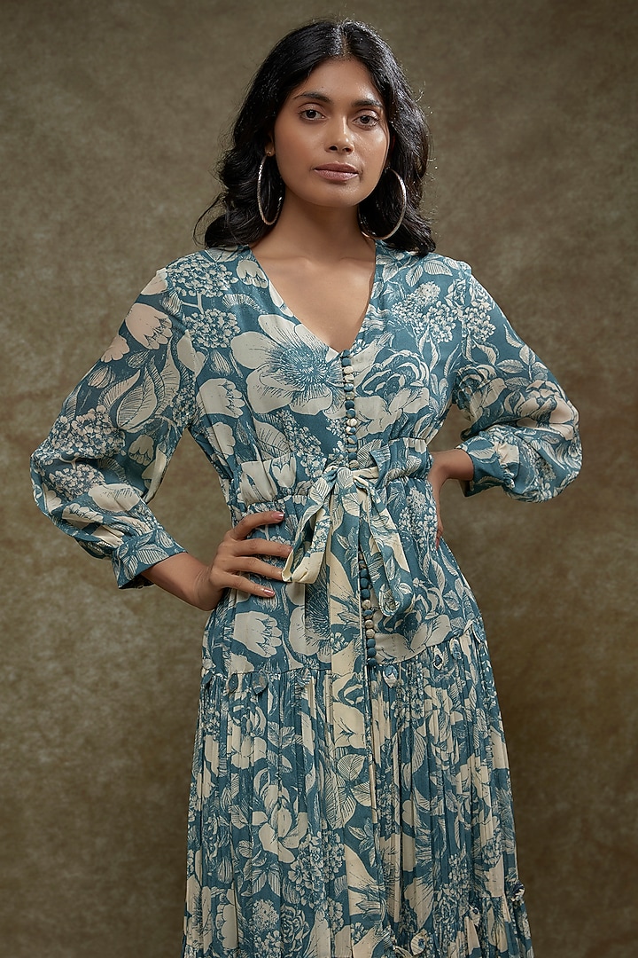 Teal Blue Georgette Printed Co-Ord Set by Sana Barreja at Pernia's Pop Up Shop