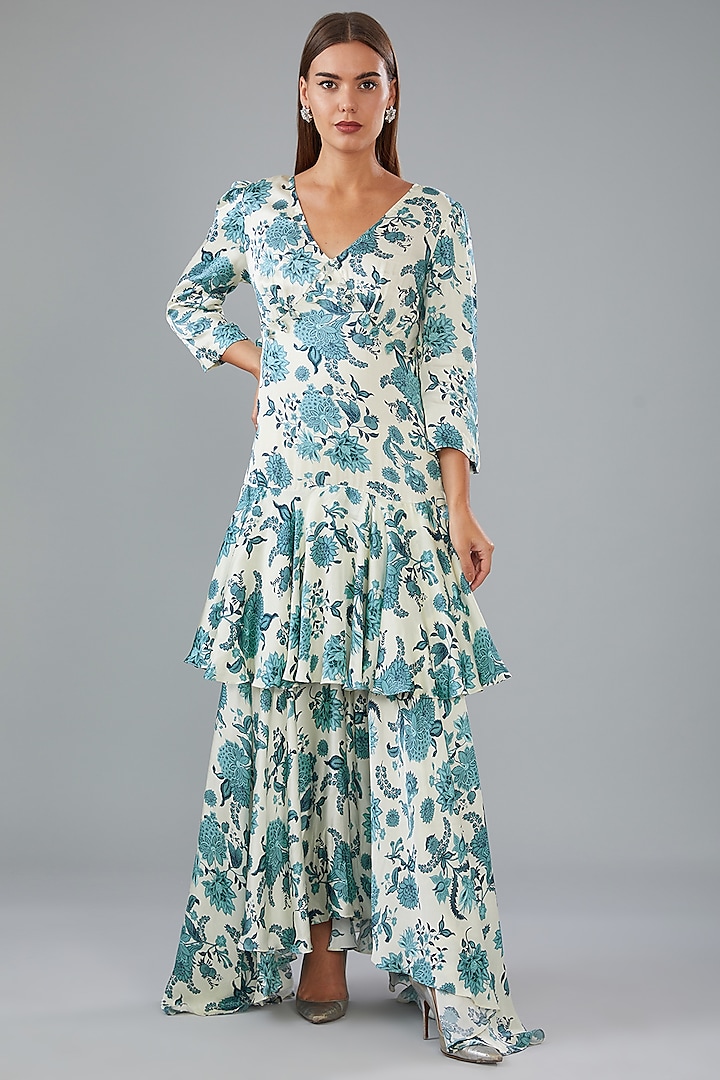 Ivory & Blue Modal Printed Layered Maxi Dress by Sana Barreja