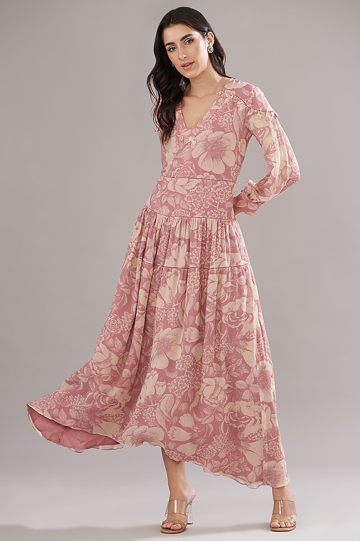 Rose Pink Chiffon Printed Dress by Sana Barreja at Pernia's Pop Up Shop