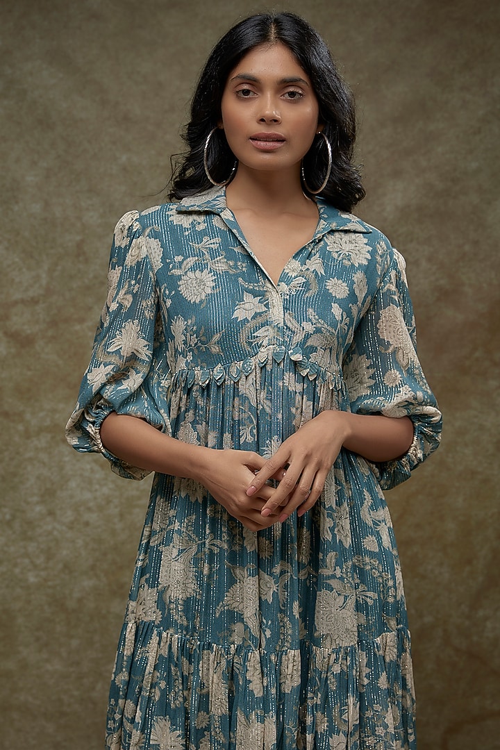 Ivory & Teal Georgette Lurex Printed Mini Summer Dress by Sana Barreja at Pernia's Pop Up Shop