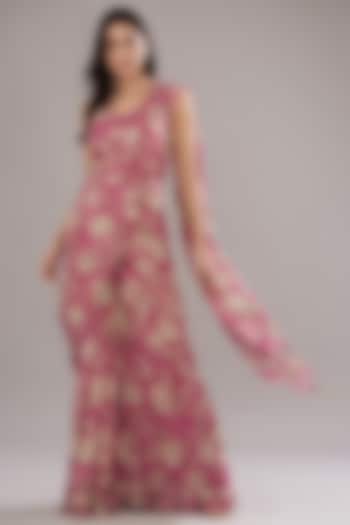 Rose Pink Georgette Lurex Printed Saree Set by Sana Barreja at Pernia's Pop Up Shop