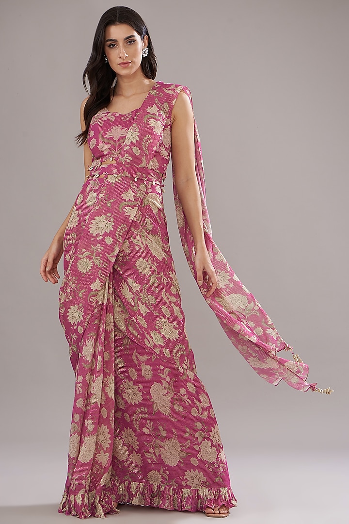 Rose Pink Georgette Lurex Printed Saree Set by Sana Barreja at Pernia's Pop Up Shop