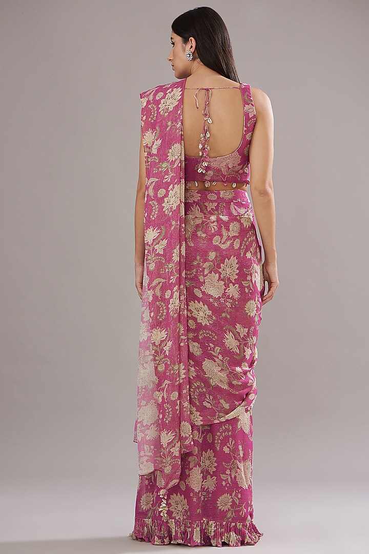 Rose Pink Georgette Lurex Printed Wedding Saree Set by Sana Barreja at Pernia's Pop Up Shop