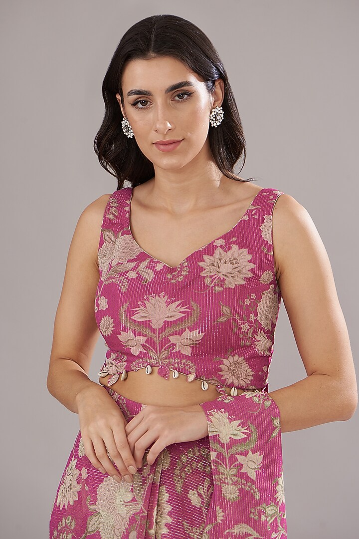 Rose Pink Georgette Lurex Printed Wedding Saree Set by Sana Barreja at Pernia's Pop Up Shop