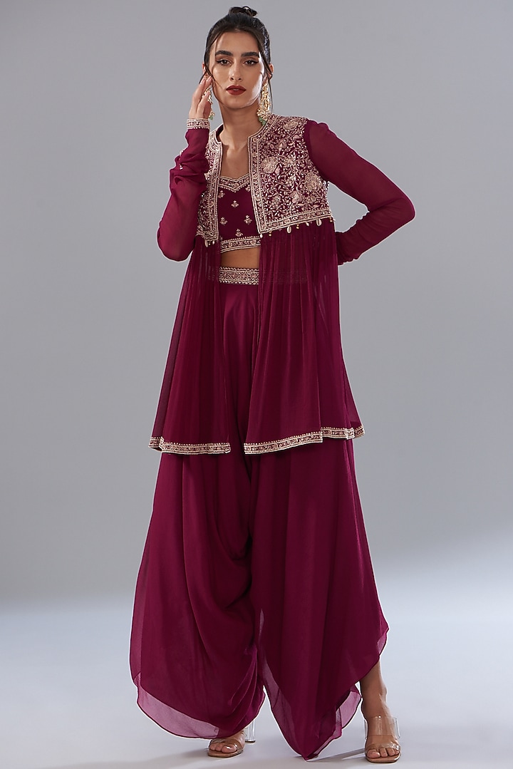 Fuchsia Georgette Embroidered Jacket Set by Sana Barreja at Pernia's Pop Up Shop