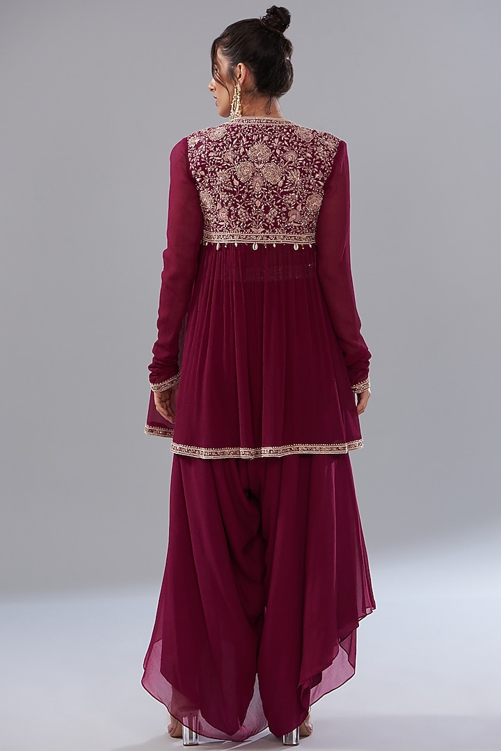 Fuchsia Georgette Embroidered Jacket Set by Sana Barreja at Pernia's Pop Up Shop