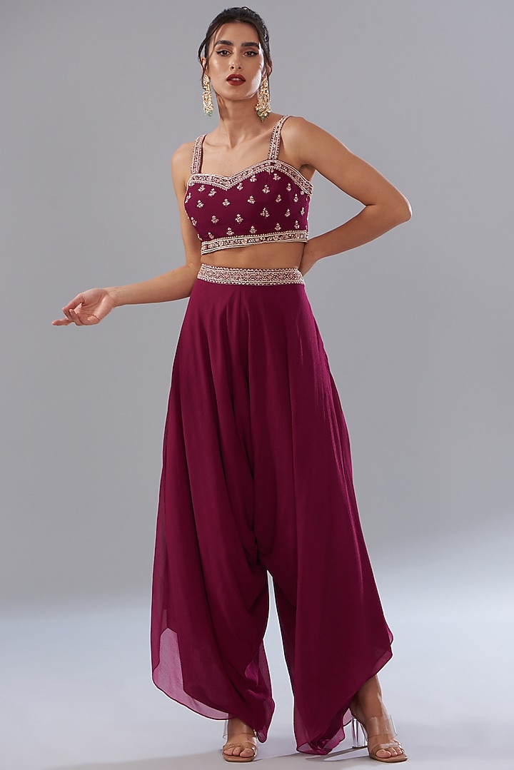 Fuchsia Georgette Embroidered Jacket Set by Sana Barreja at Pernia's Pop Up Shop