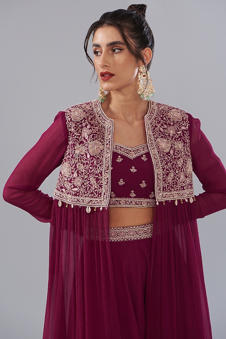 Fuchsia Georgette Embroidered Jacket Set by Sana Barreja at Pernia's Pop Up Shop