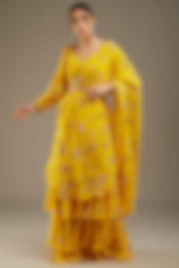 Yellow Georgette Printed Saree Set by Sana Barreja