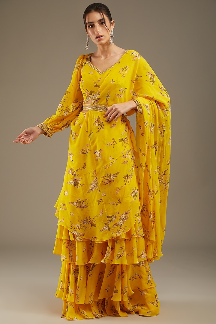 Yellow Georgette Printed Saree Set by Sana Barreja
