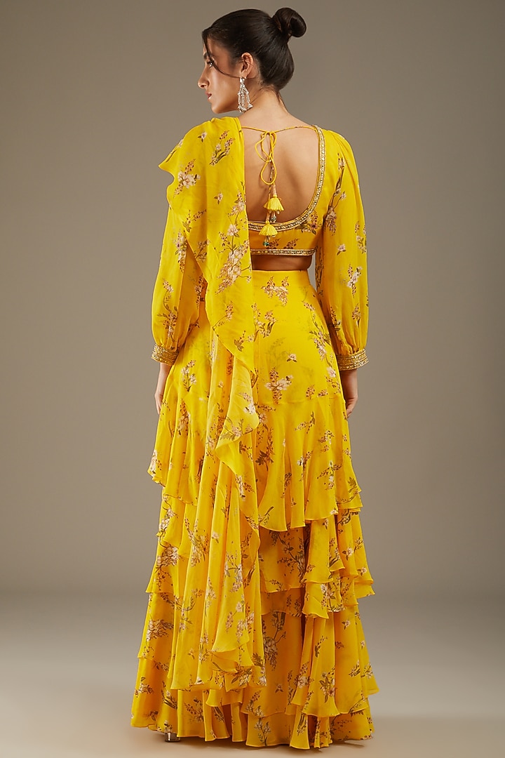 Yellow Georgette Printed Wedding Saree Set by Sana Barreja at Pernia's Pop Up Shop