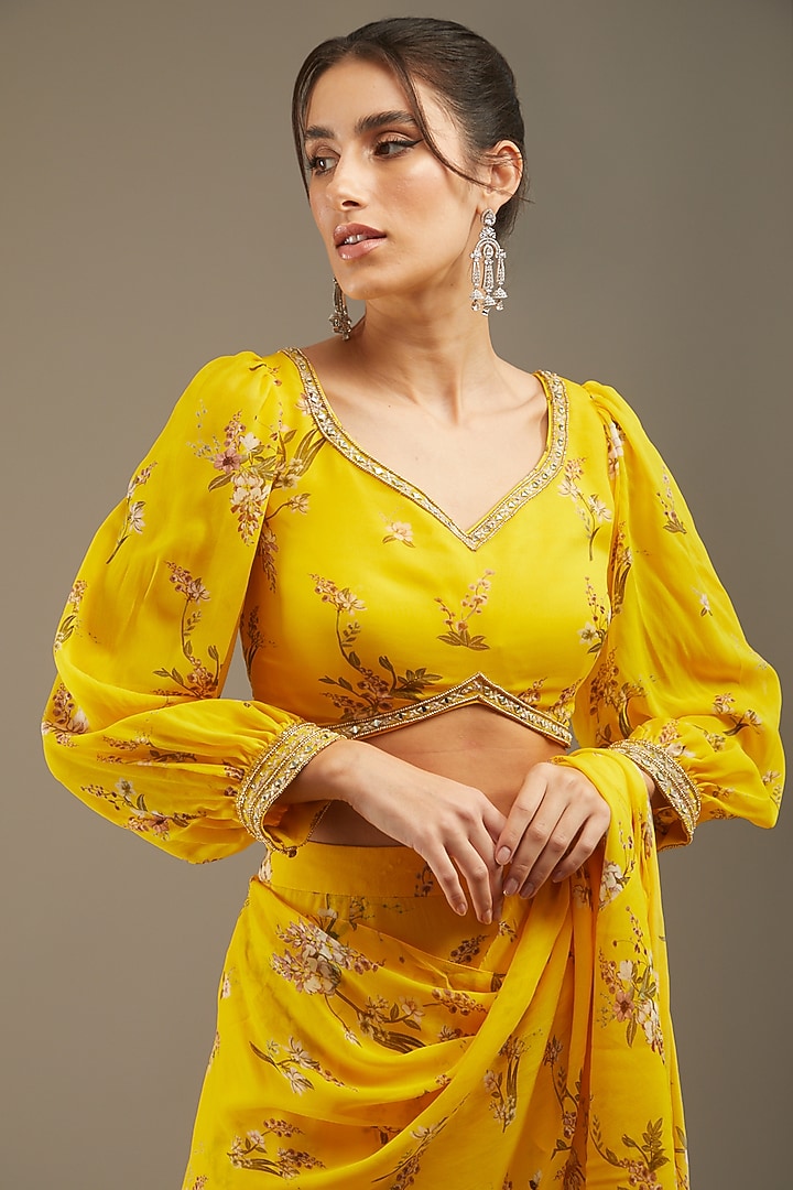 Yellow Georgette Printed Wedding Saree Set by Sana Barreja at Pernia's Pop Up Shop