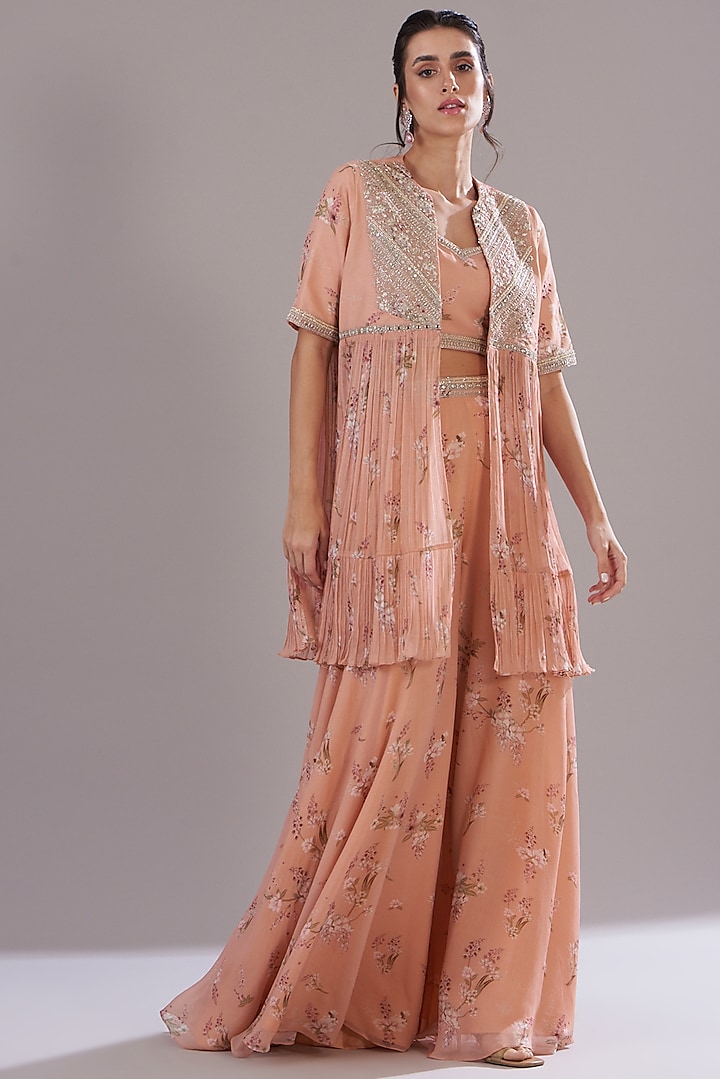 Peach Georgette Printed & Embroidered Jacket Set by Sana Barreja at Pernia's Pop Up Shop