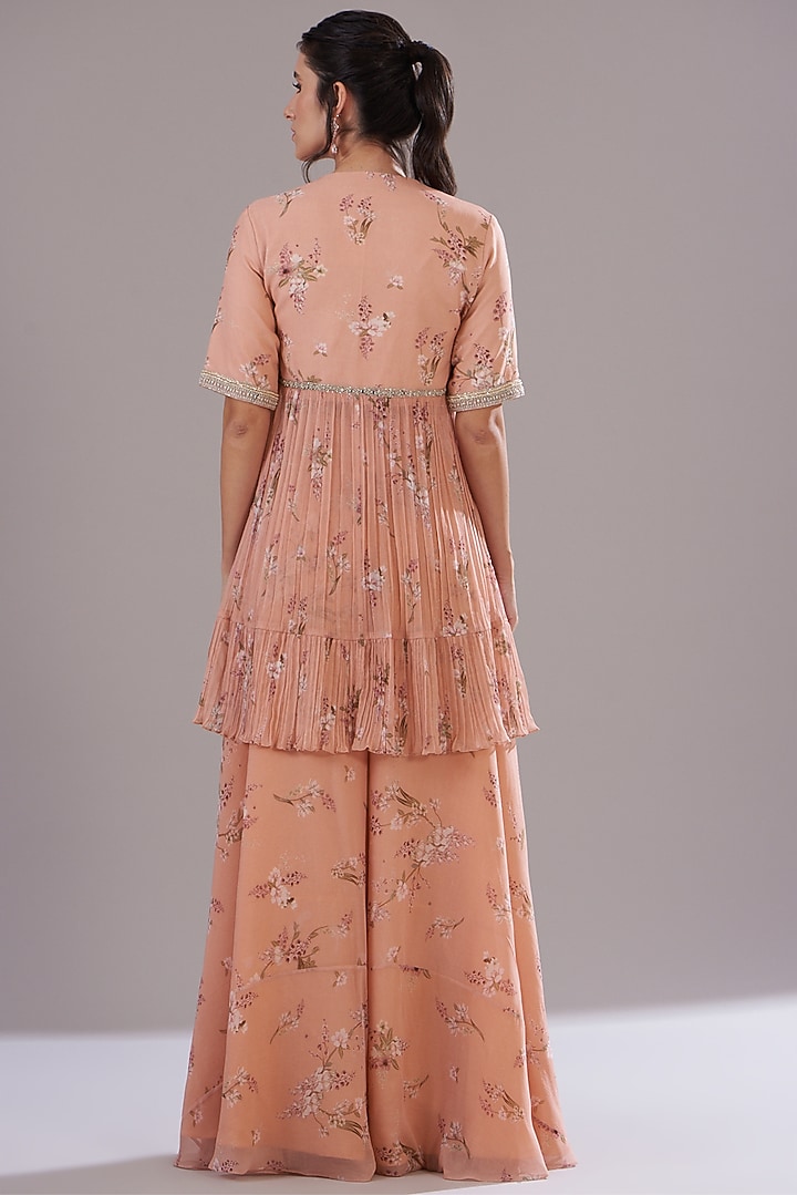 Peach Georgette Printed & Embroidered Jacket Set by Sana Barreja at Pernia's Pop Up Shop