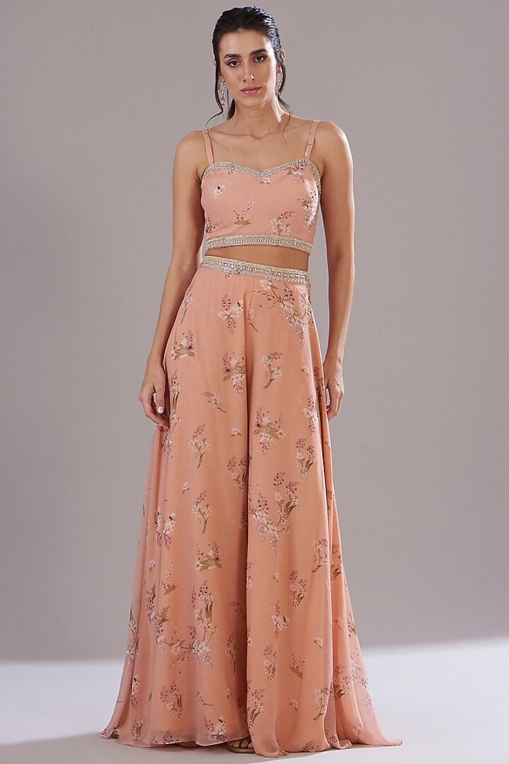 Peach Georgette Printed & Embroidered Jacket Set by Sana Barreja at Pernia's Pop Up Shop