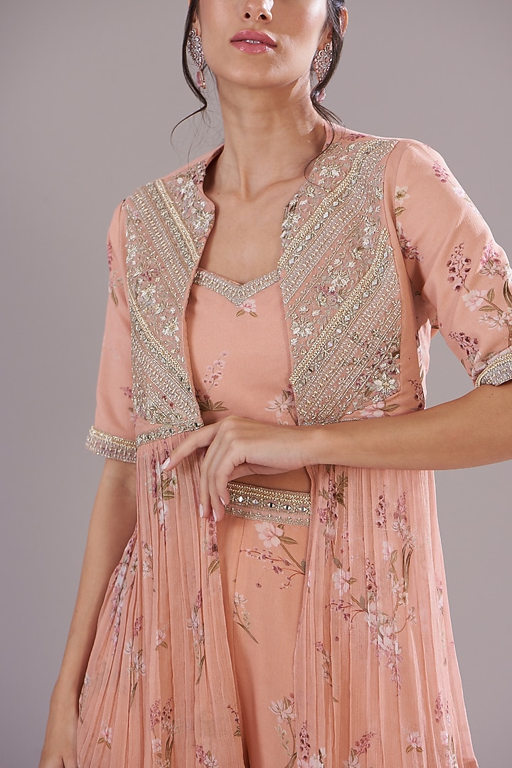 Peach Georgette Printed & Embroidered Jacket Set by Sana Barreja at Pernia's Pop Up Shop