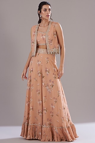 Peach Georgette Printed & Embroidered Jacket Set by Sana Barreja