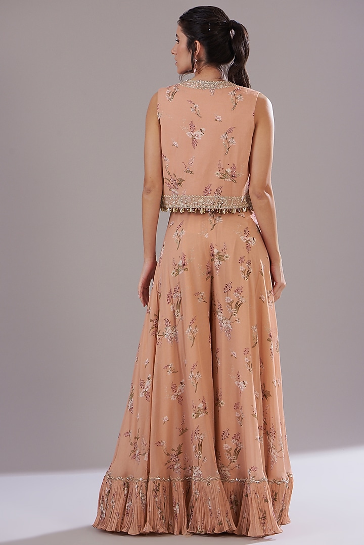 Peach Georgette Printed & Embroidered Jacket Set by Sana Barreja at Pernia's Pop Up Shop
