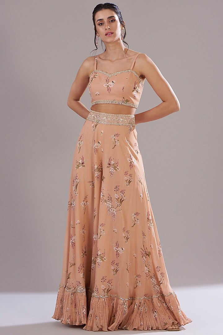 Peach Georgette Printed & Embroidered Jacket Set by Sana Barreja at Pernia's Pop Up Shop