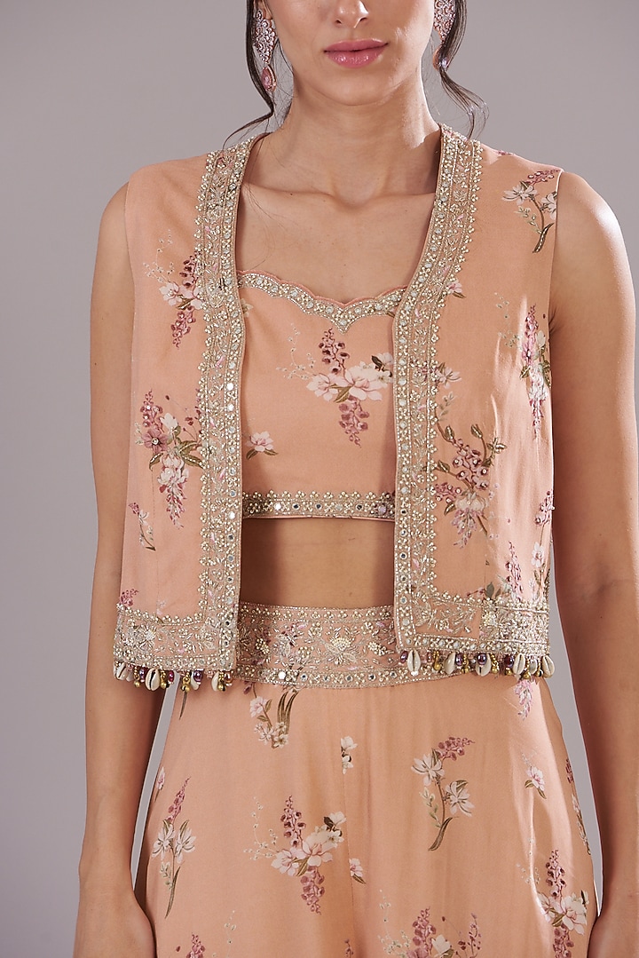 Peach Georgette Printed & Embroidered Jacket Set by Sana Barreja at Pernia's Pop Up Shop