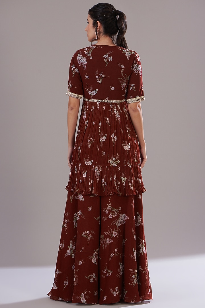 Red Georgette Printed & Embroidered Jacket Set by Sana Barreja at Pernia's Pop Up Shop