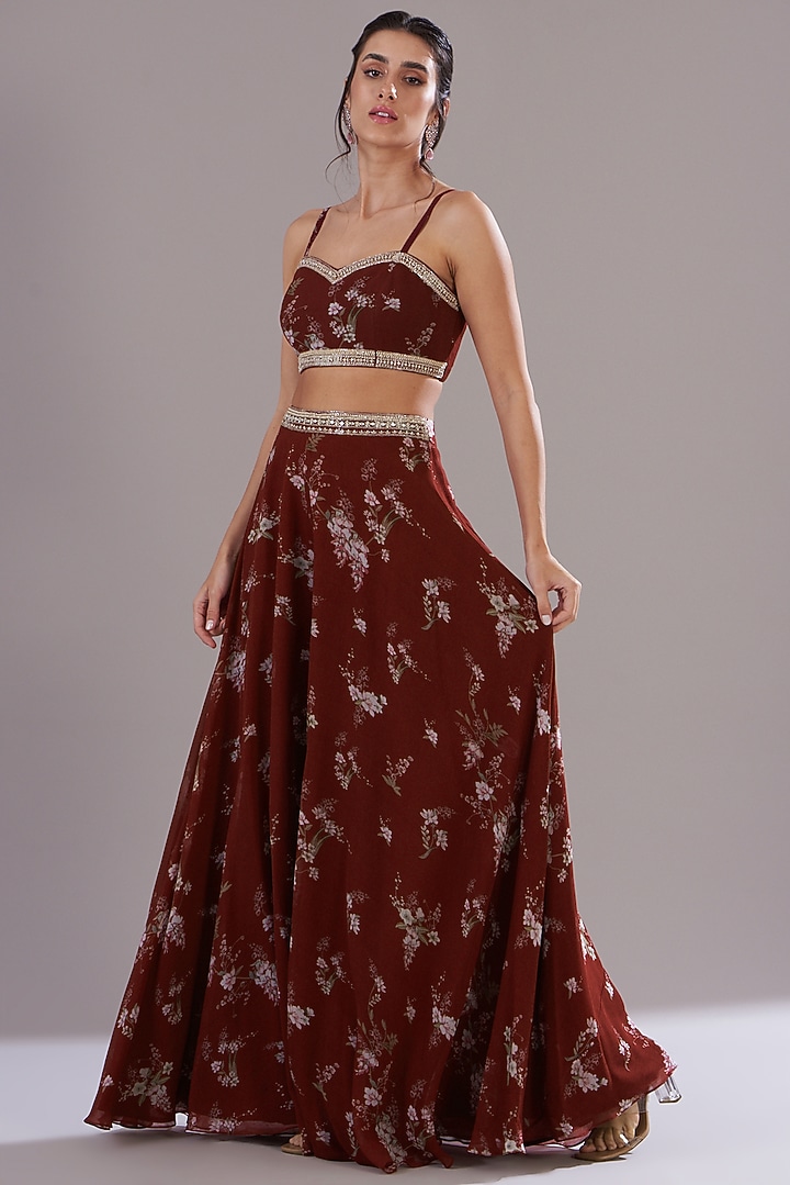 Red Georgette Printed & Embroidered Jacket Set by Sana Barreja at Pernia's Pop Up Shop