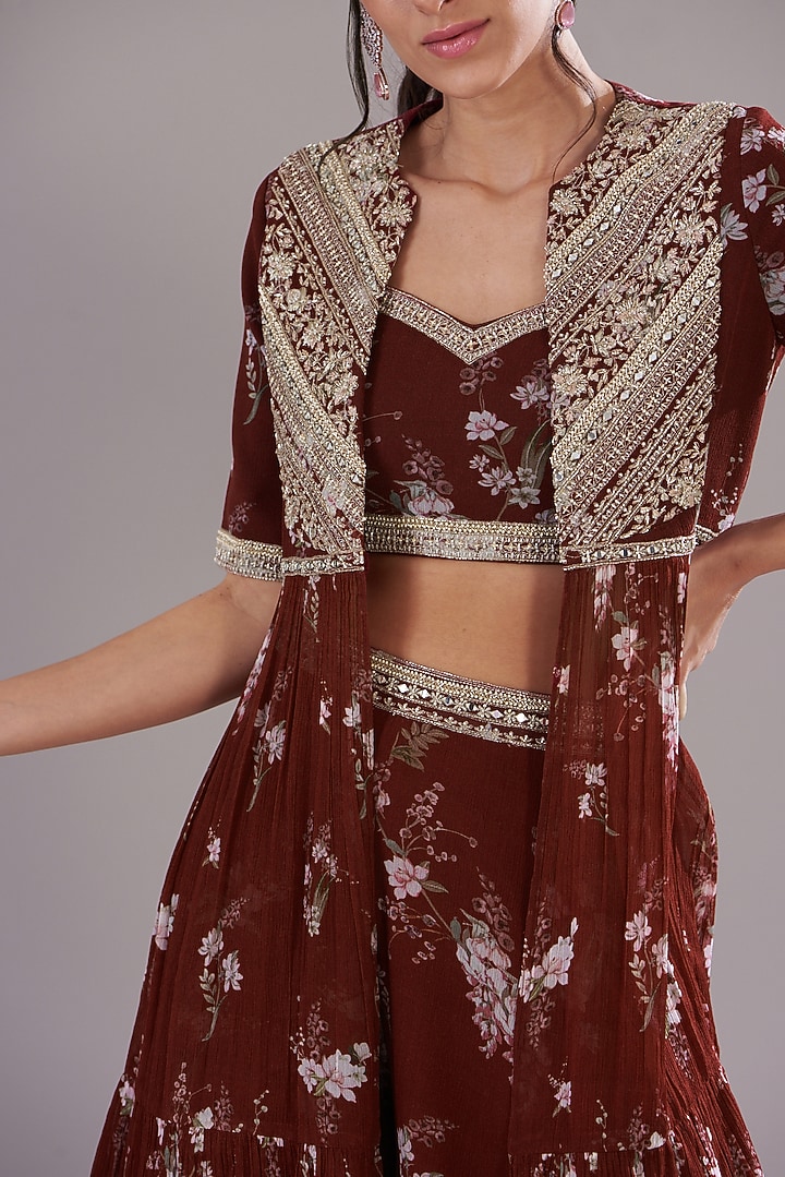 Red Georgette Printed & Embroidered Jacket Set by Sana Barreja at Pernia's Pop Up Shop