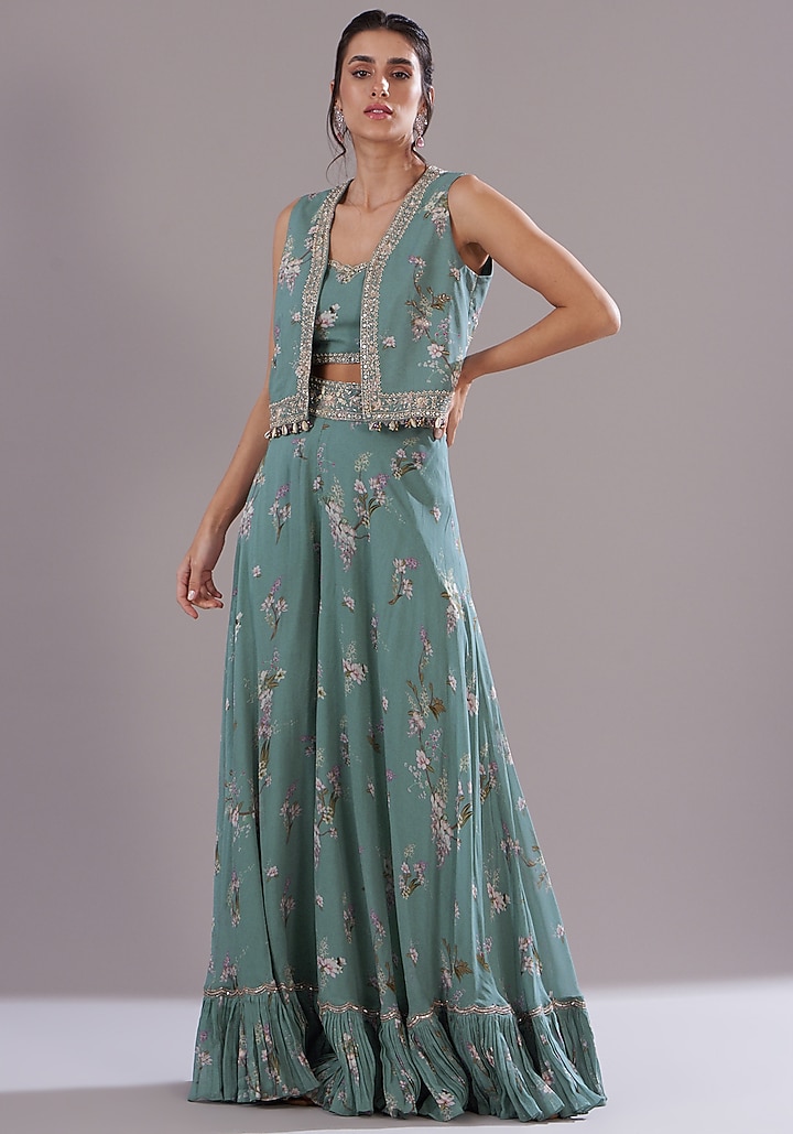 Ice Blue Georgette Printed & Embroidered Jacket Set by Sana Barreja at Pernia's Pop Up Shop