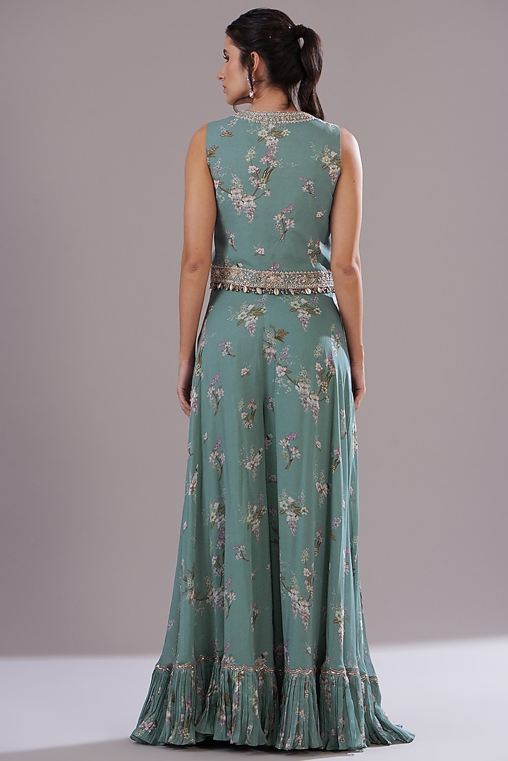 Ice Blue Georgette Printed & Embroidered Jacket Set by Sana Barreja at Pernia's Pop Up Shop